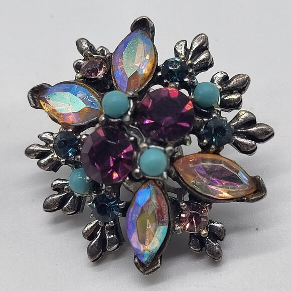 VTG Cluster AB and Pink/Purple Rhinestones Clip On Earrings Blue Accent Beads - Picture 5 of 9